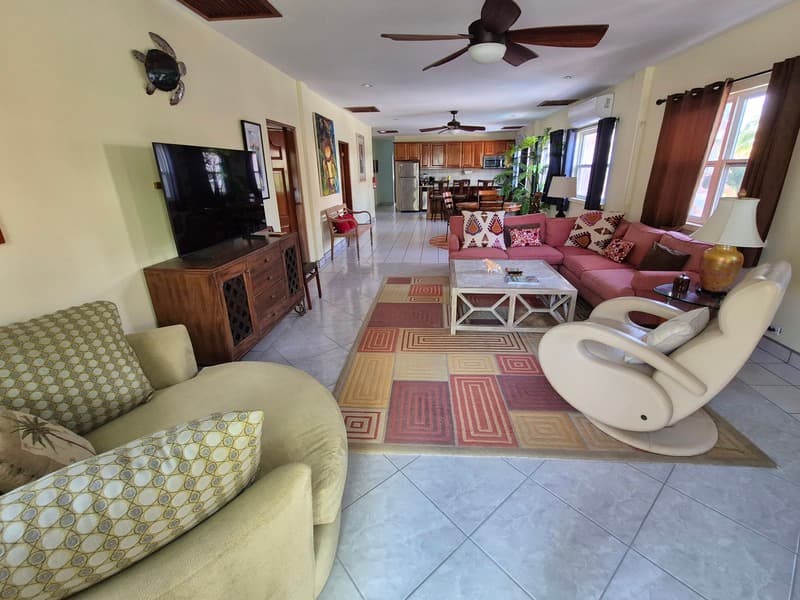 A spacious living room with modern furniture, a large TV, and a kitchen visible in the background.