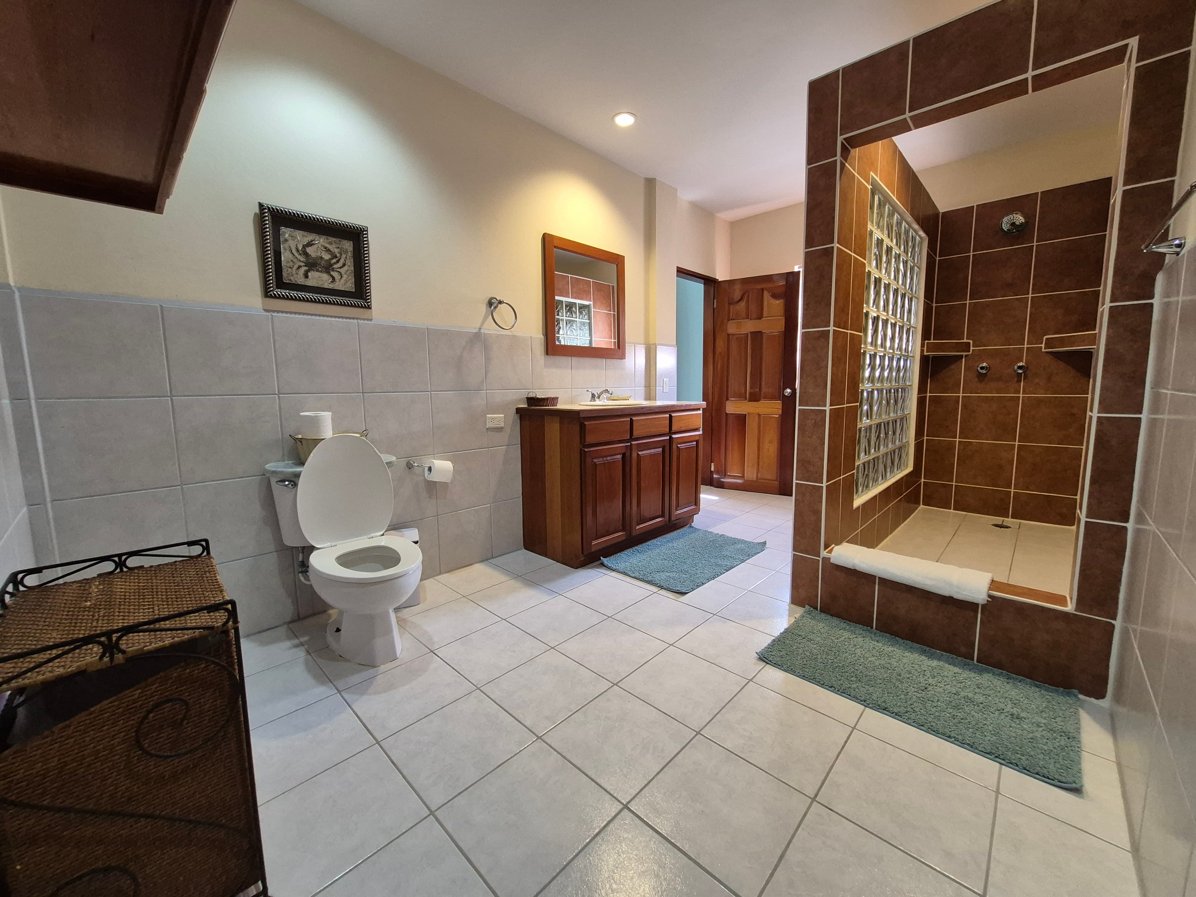 A spacious bathroom featuring a toilet, sink with wooden cabinetry, and a glass-enclosed shower.
