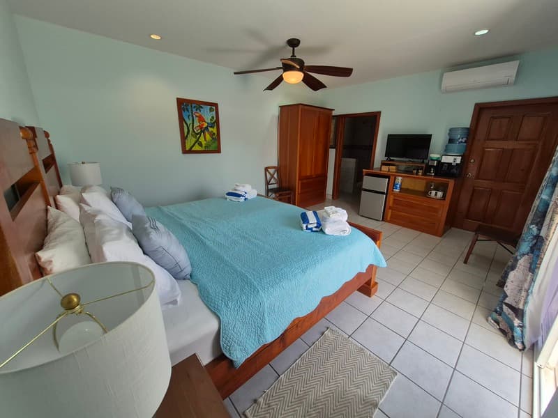 A bright and inviting hotel room featuring a king-sized bed, a ceiling fan, wooden furniture, and a kitchenette.